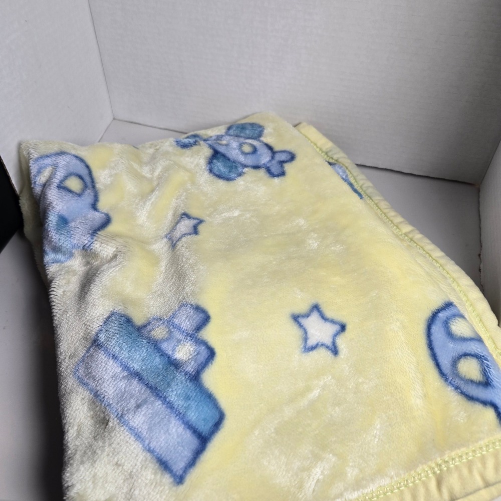 Y2K Toys R Us Plush Baby Blanket Airplane Cars Boats Yellow And Blue 30x43